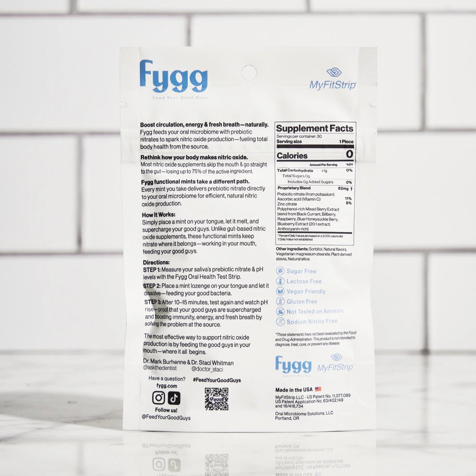 Empaque Fygg NOX Mints: sin azúcar, vegano, sin gluten y libre de nitrito de sodio, 30 pastillas