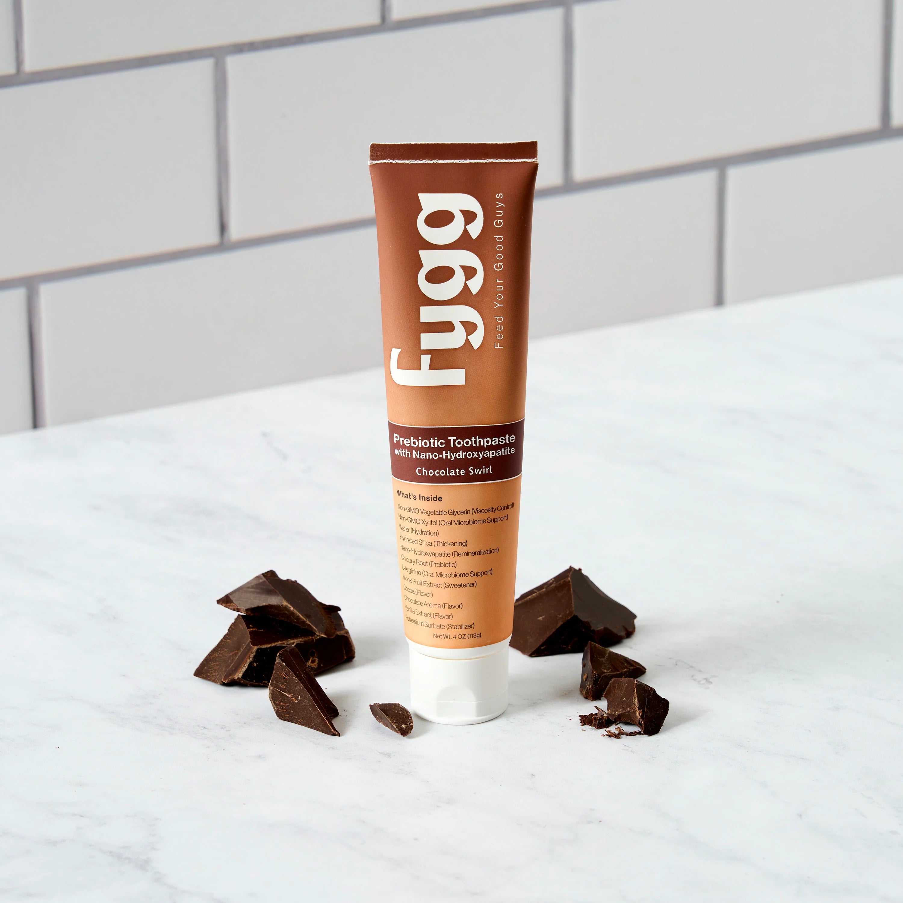 Fygg Chocolate Swirl: pasta dental funcional prebiótica con nano-HAp para sensibilidad dental y mal aliento