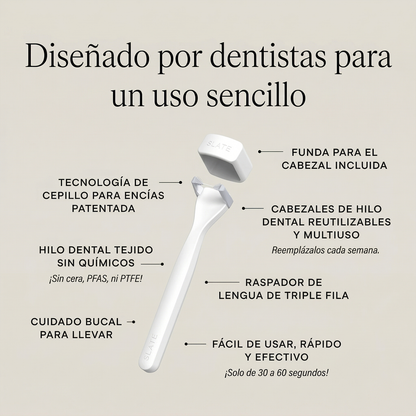Slate Mini Flosser diseñado por dentistas: raspador de
lengua, hilo sin químicos y cuidado bucal portátil