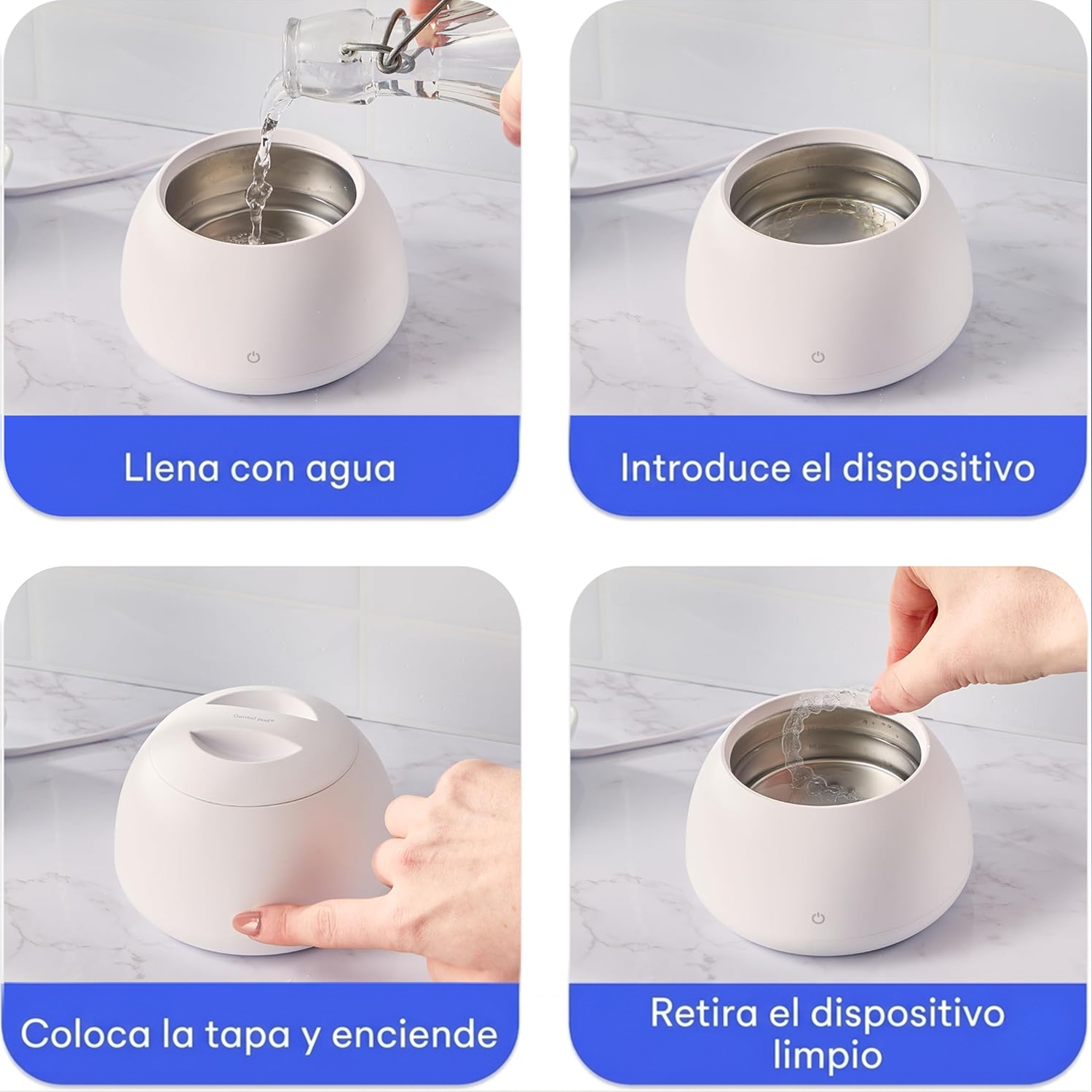 Instrucciones ZIMA Dental Pod en 4 pasos llena introduce enciende y retira el dispositivo limpio