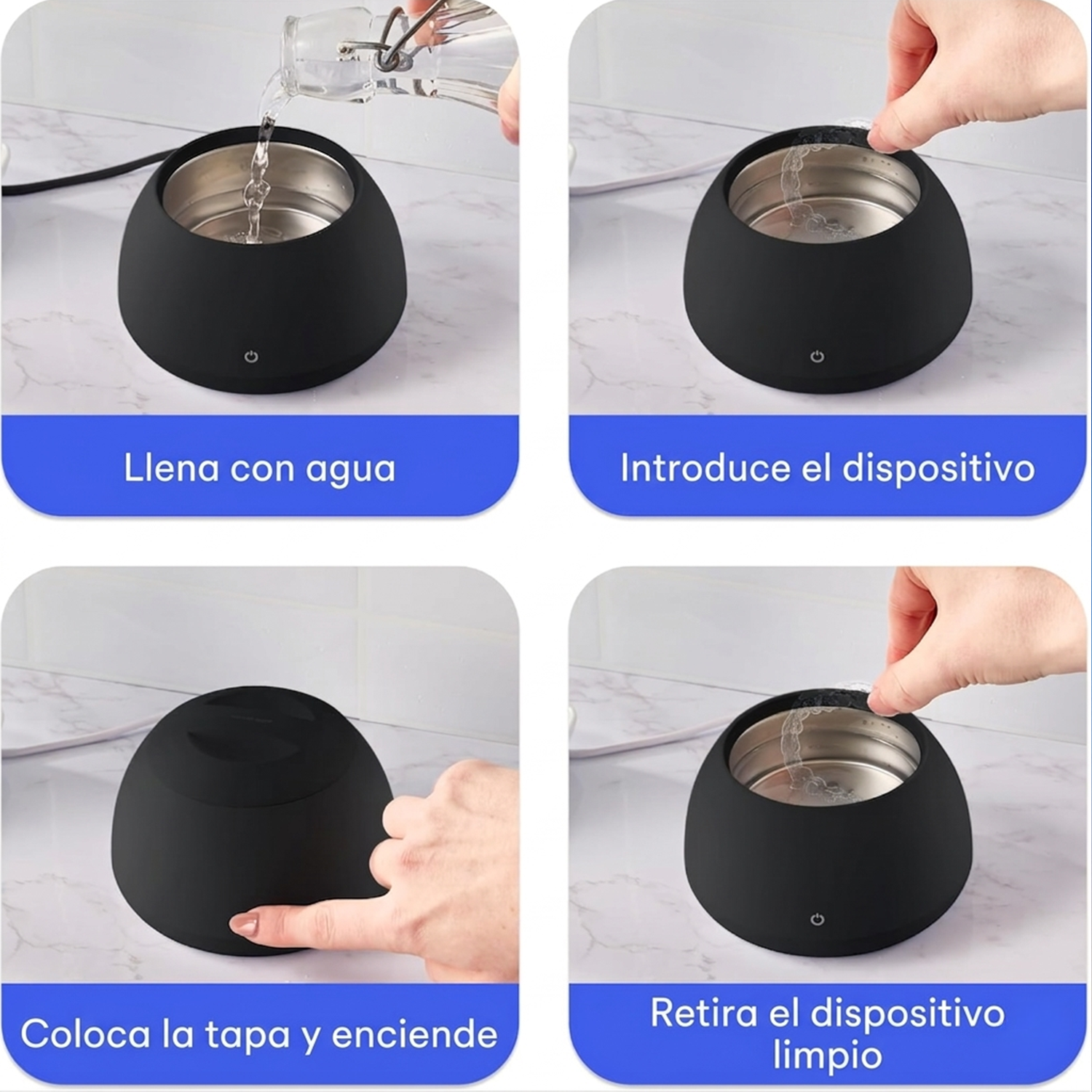 Instrucciones ZIMA Dental Pod en 4 pasos llena introduce enciende y retira el dispositivo limpio