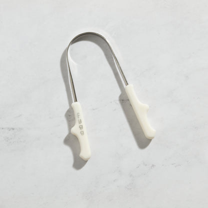 Raspador de lengua Fygg de acero inoxidable con bolsa de lino, primer paso del protocolo de higiene oral funcional